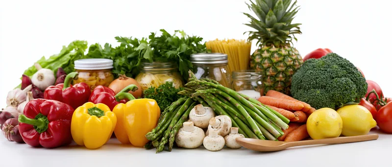 Colorful assortment of fresh vegetables, fruits, pasta, and jars on white surface