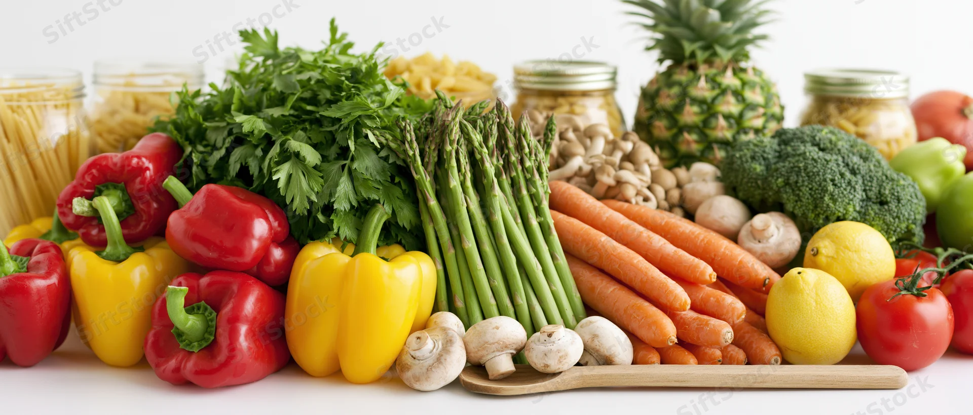 Fresh vegetables and fruits arranged with pasta jars on a white surface