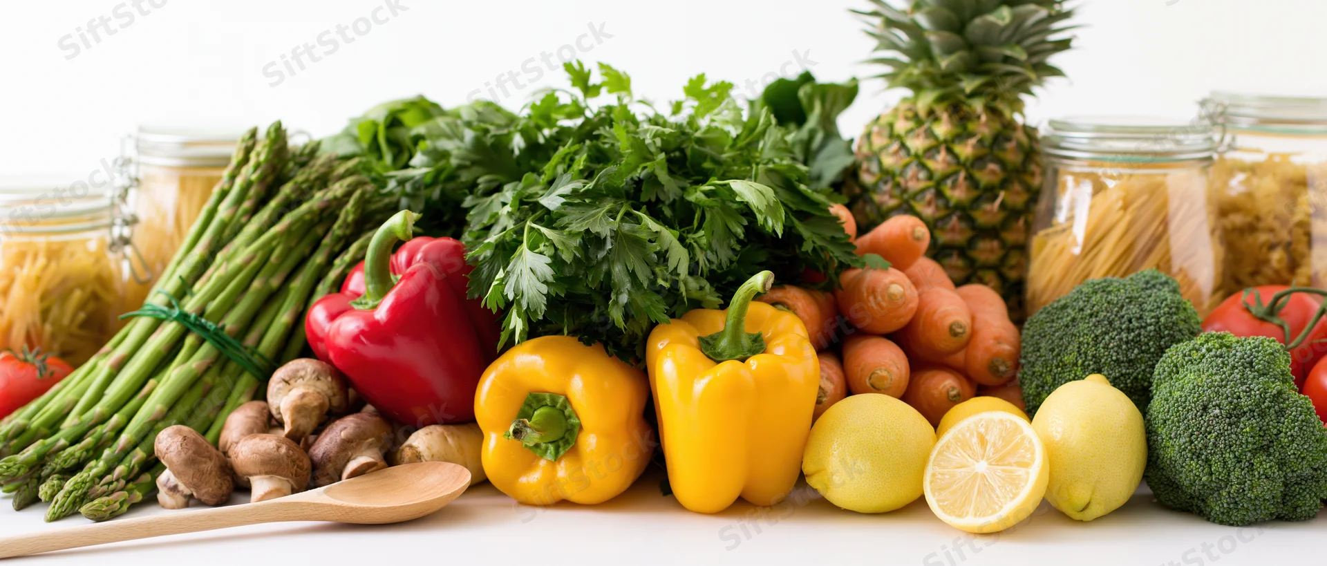 Fresh vegetables and fruits with dry pasta arranged on a white surface for meal preparation