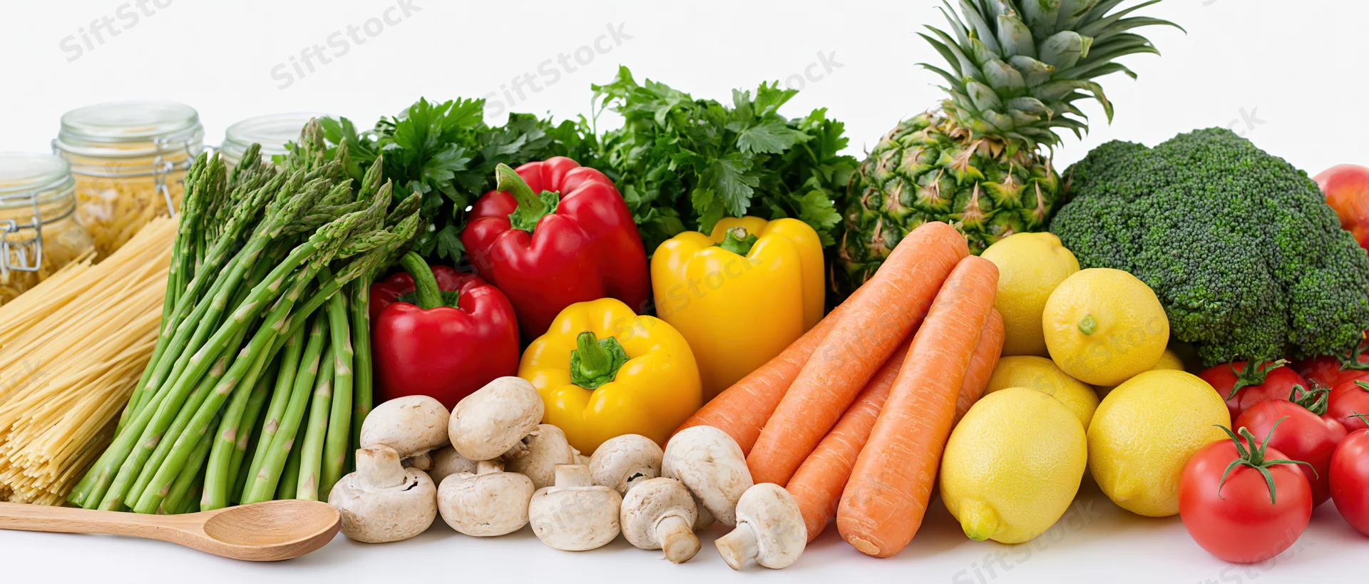 Fresh vegetables and fruits arranged with dry pasta and mushrooms on white surface