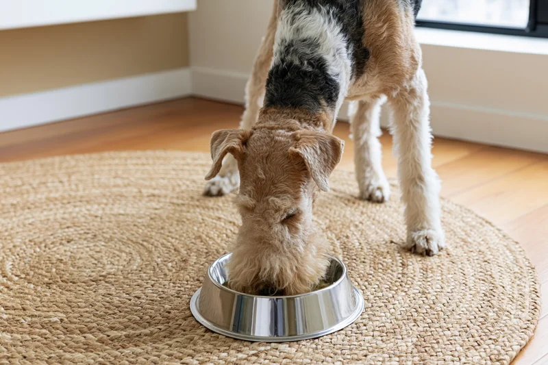 Wire fox terrier eating from a stainless steel bowl on a round jute rug indoors