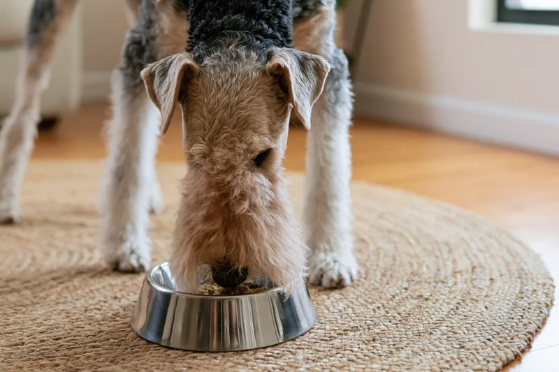 Wire fox terrier eating from a stainless steel bowl on a round jute rug indoors