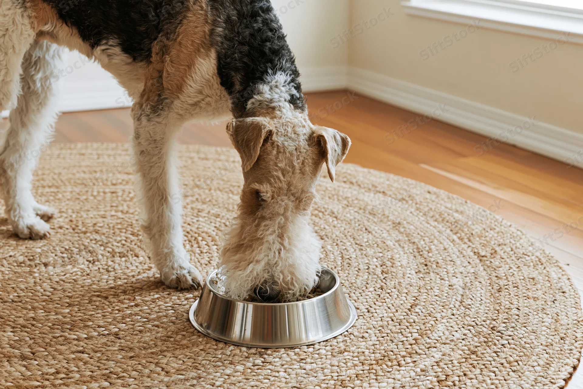 Wire fox terrier eating from a stainless steel bowl on a round woven rug in a home interior