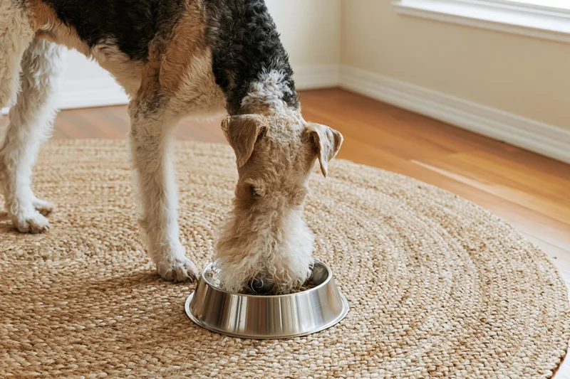 Wire fox terrier eating from a stainless steel bowl on a round woven rug in a home interior