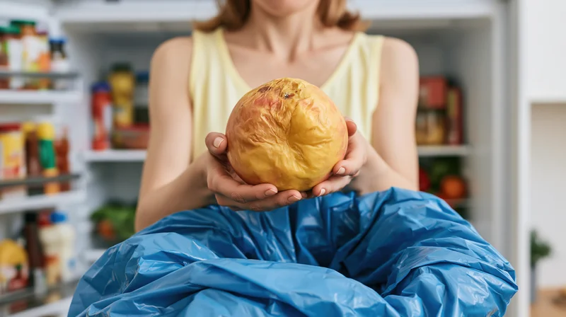 Woman holding a bruised overripe apple above an open blue plastic trash bag in front of a refrigerator