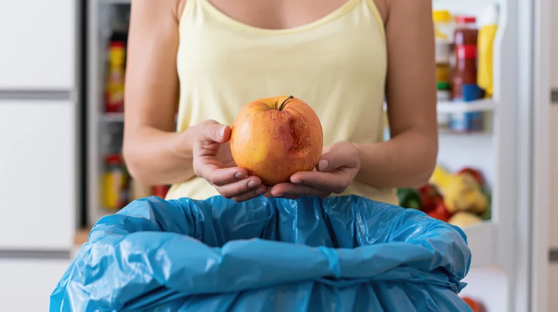 Woman holding bruised overripe apple above open blue trash bag in kitchen