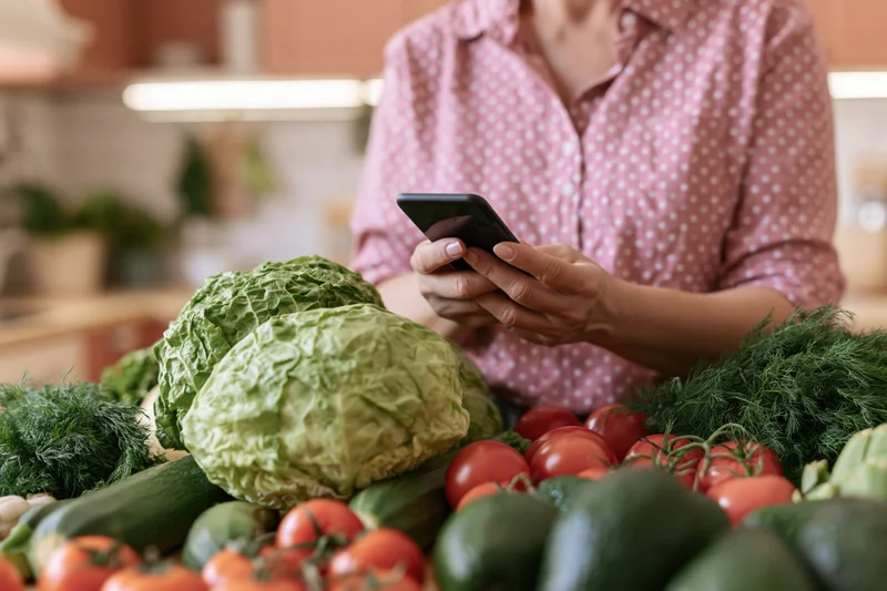 Woman browsing smartphone over fresh vegetables on kitchen countertop