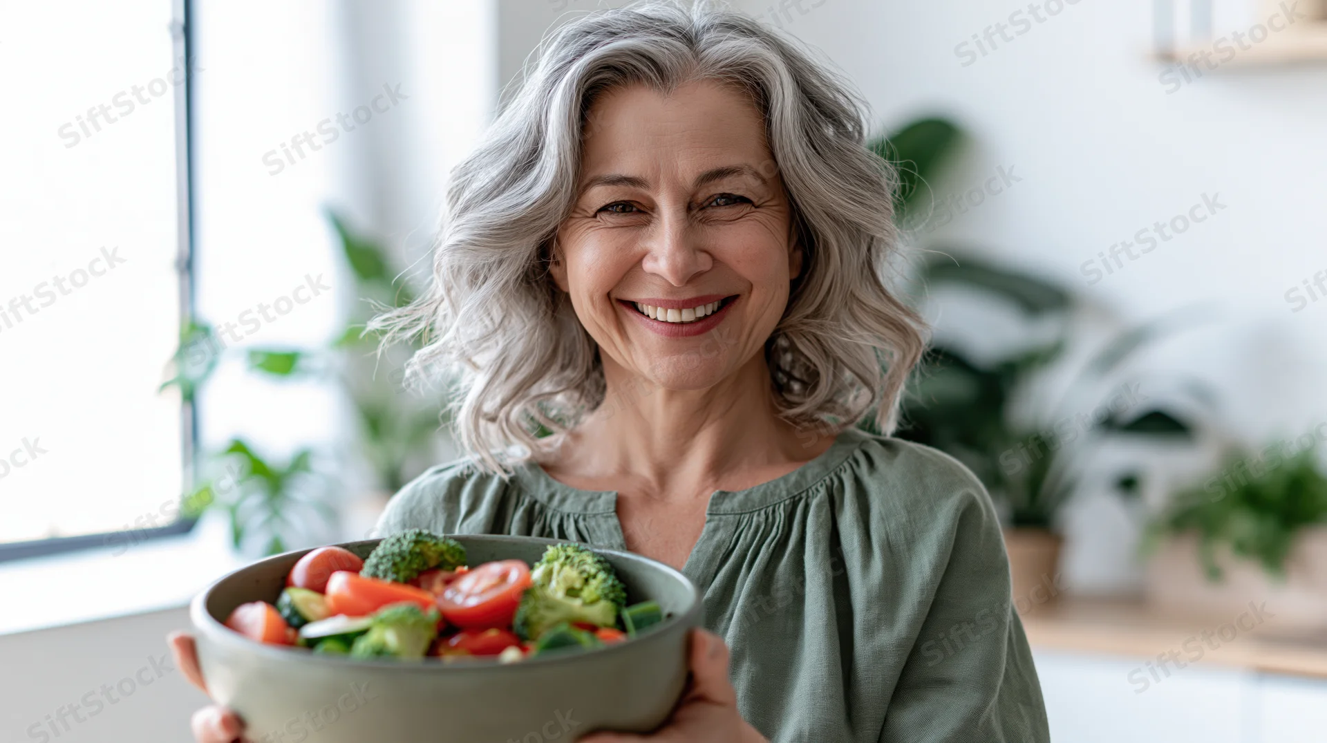 Smiling senior woman holding a bowl of fresh salad in a bright kitchen
