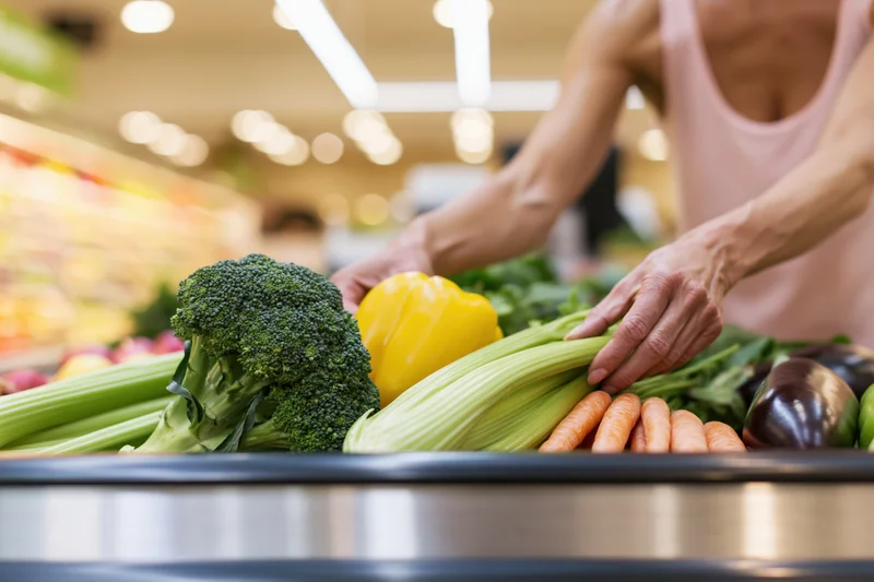 Woman selecting fresh vegetables at supermarket checkout