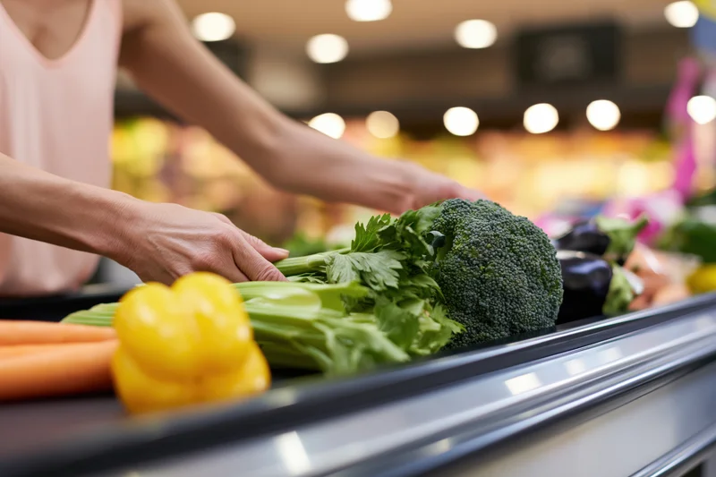 Woman placing fresh vegetables onto supermarket checkout counter