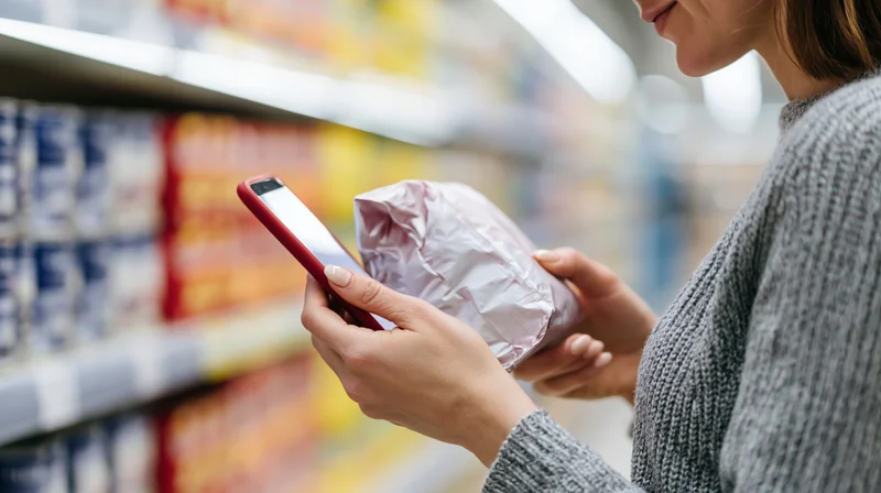 Woman scanning a product bag with a red smartphone in a grocery store aisle