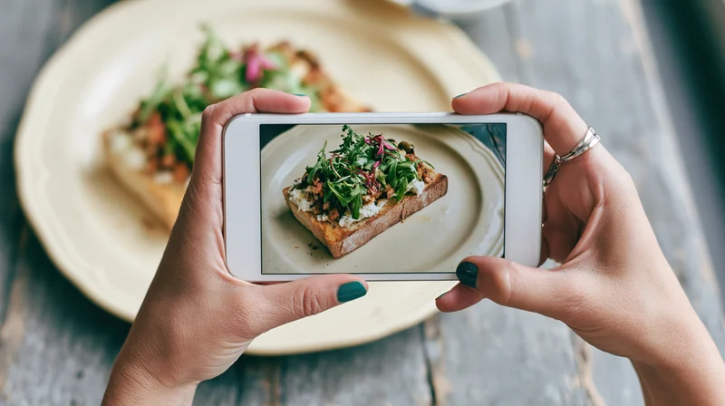 Woman’s hands holding smartphone photographing bruschetta on plate at wooden table