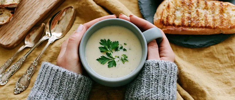 Woman's hands in grey knit sweater holding a ceramic mug of creamy soup with parsley garnish on a mustard cloth with grilled bread and vintage spoons nearby