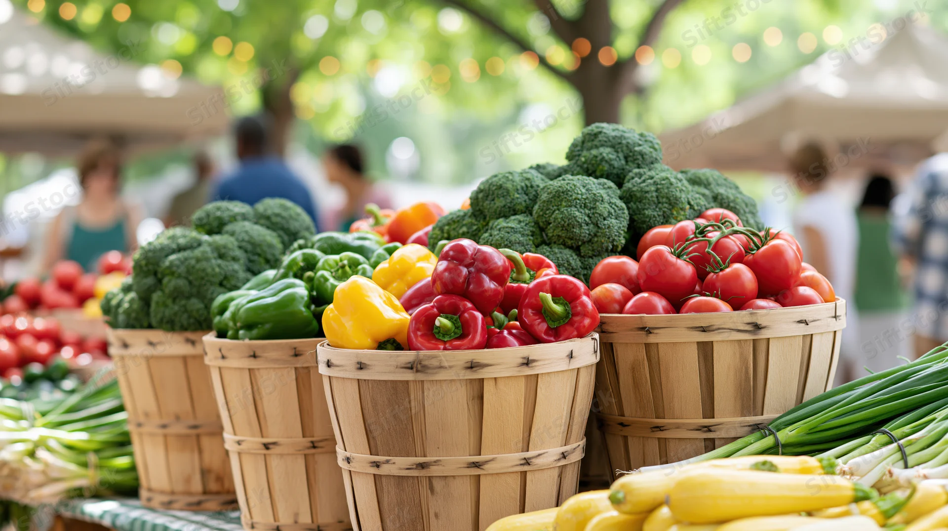 Wooden bushel baskets filled with fresh vegetables arranged on a table at an outdoor farmers market