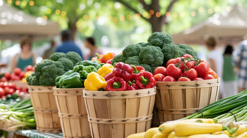 Wooden bushel baskets filled with fresh vegetables arranged on a table at an outdoor farmers market