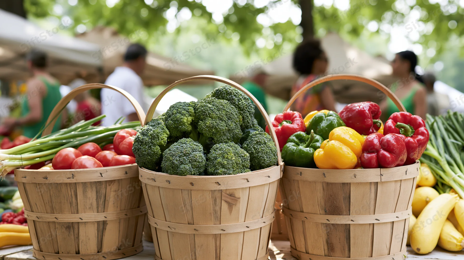 Wooden bushel baskets filled with fresh vegetables arranged at a farmers market stall