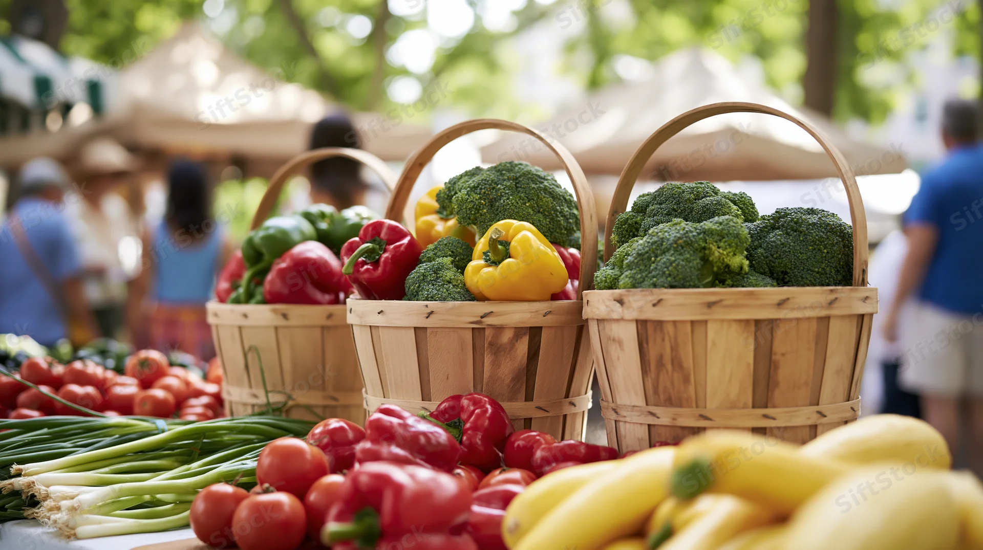 Wooden bushel baskets filled with fresh vegetables at an outdoor farmers market