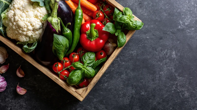 Wooden crate filled with fresh vegetables on dark countertop