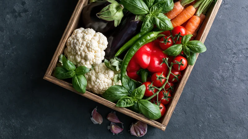 Wooden crate filled with fresh vegetables on dark surface