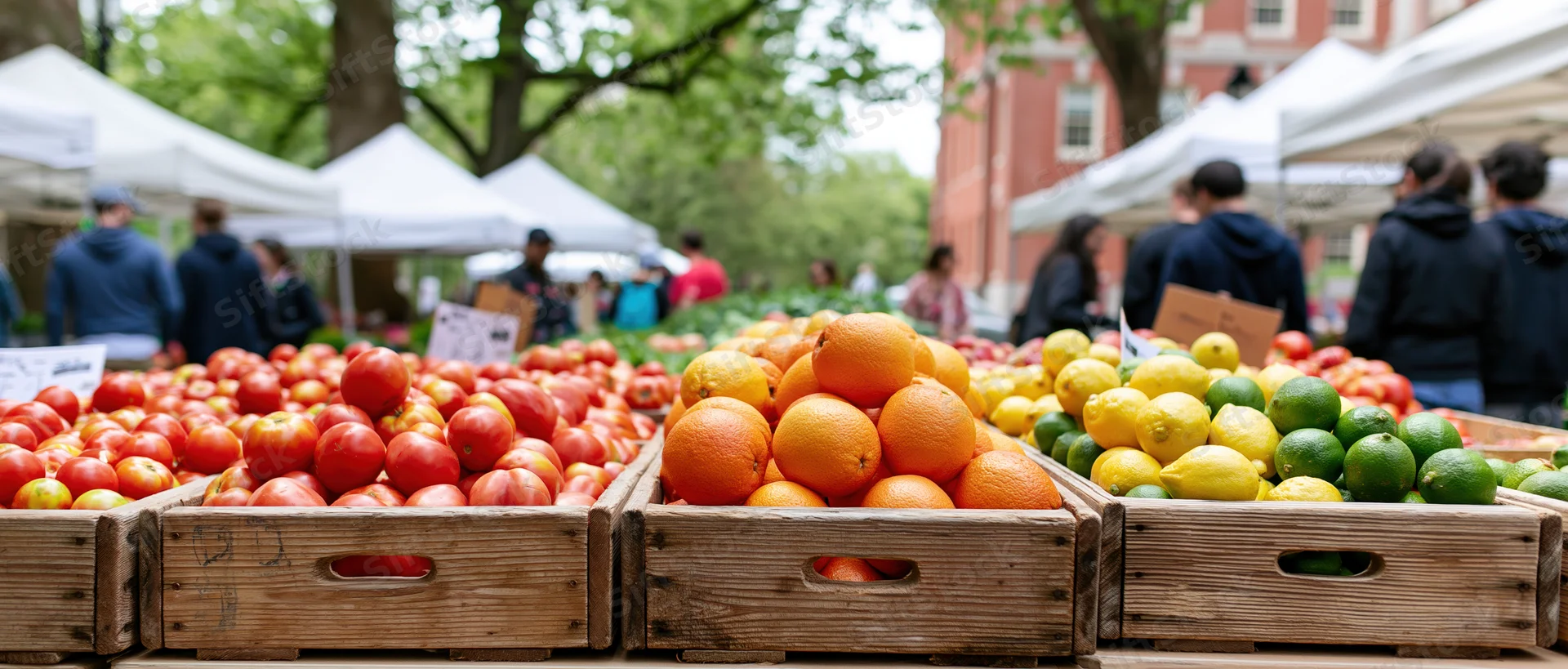 Wooden crates filled with tomatoes oranges lemons and limes at an outdoor farmers market