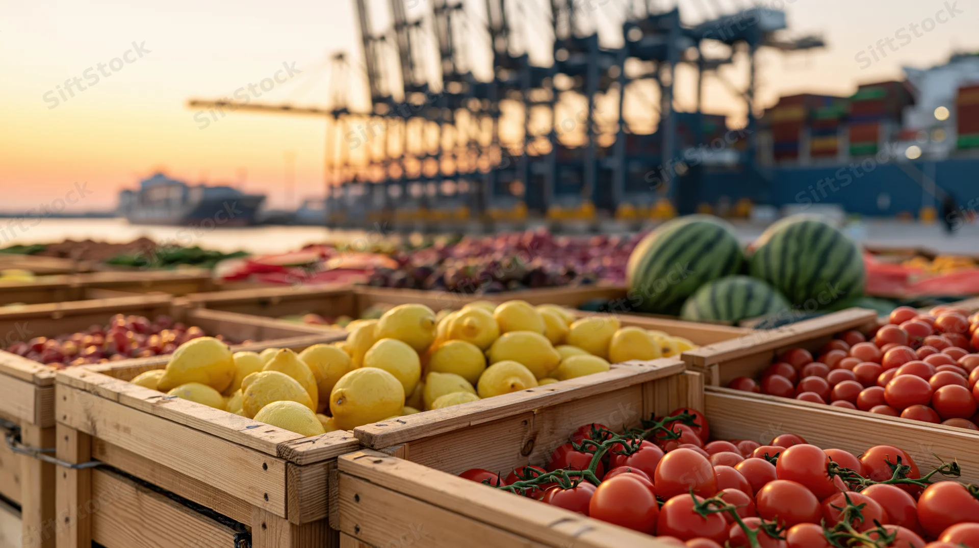 Wooden crates filled with lemons, tomatoes, and watermelons at a shipping port during sunset