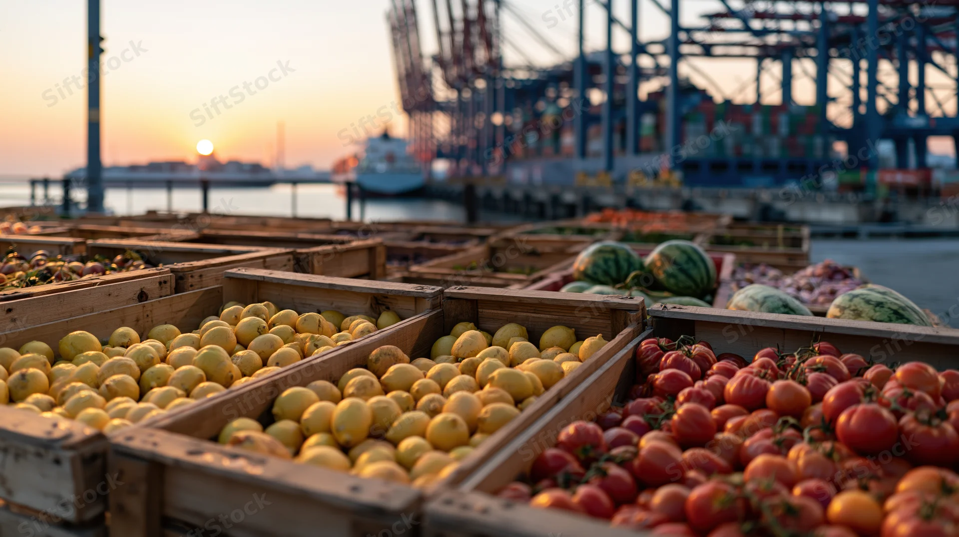 Wooden crates filled with lemons, tomatoes, and watermelons at a port dock during sunset