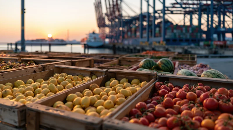 Wooden crates filled with lemons, tomatoes, and watermelons at a port dock during sunset