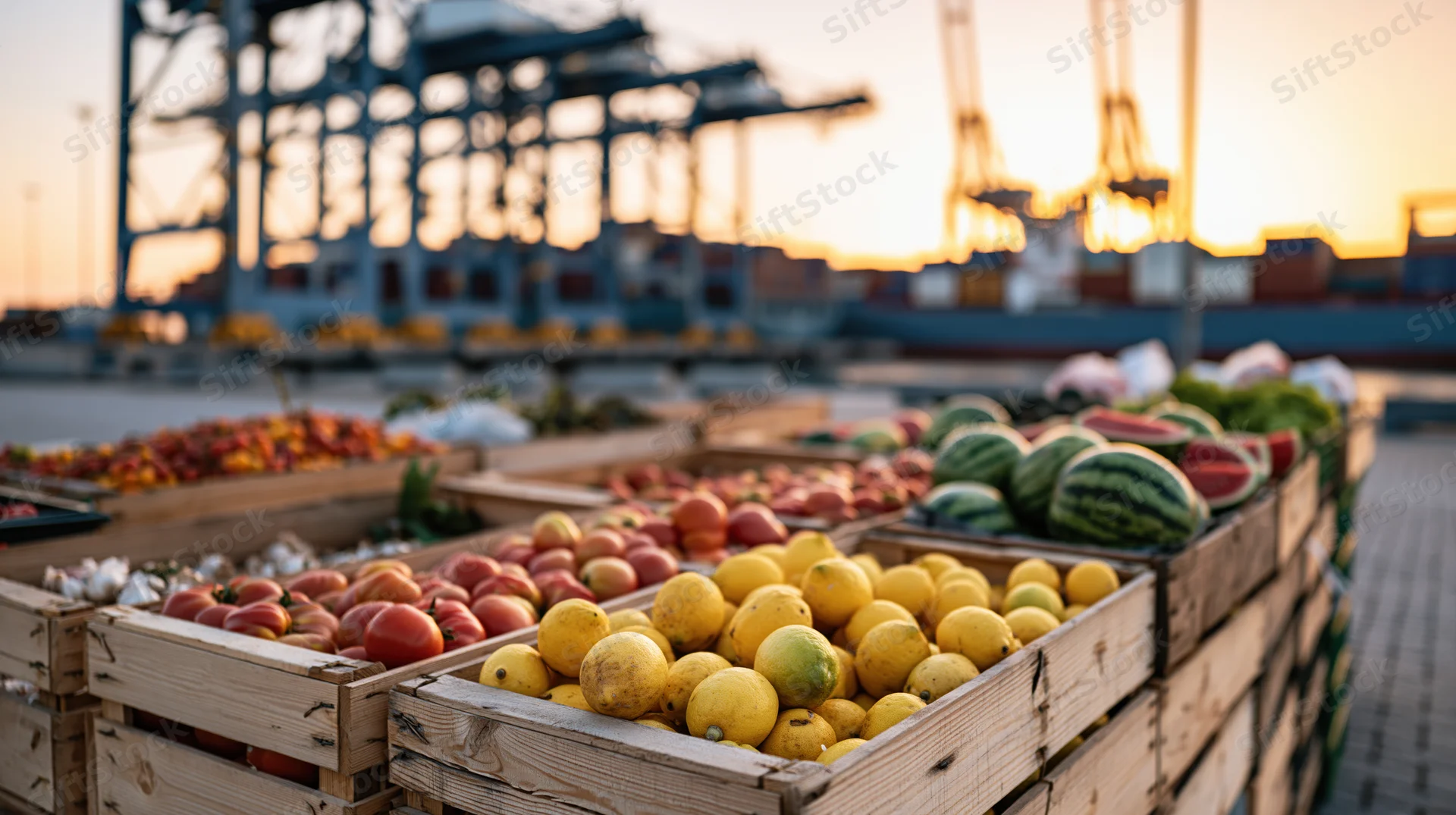 Wooden crates filled with lemons, tomatoes, and watermelons arranged in rows at a port dock during sunset
