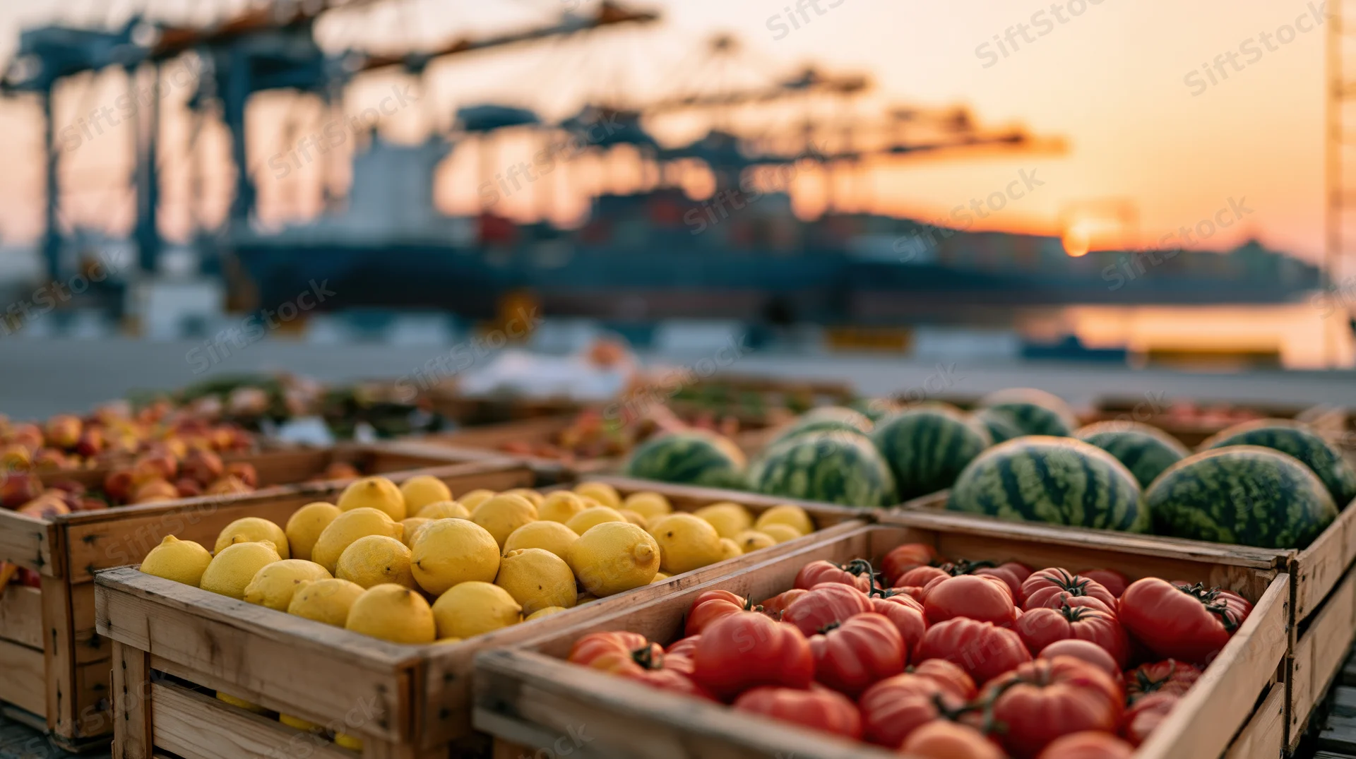 Wooden crates filled with lemons, tomatoes, and watermelons at a port during sunset