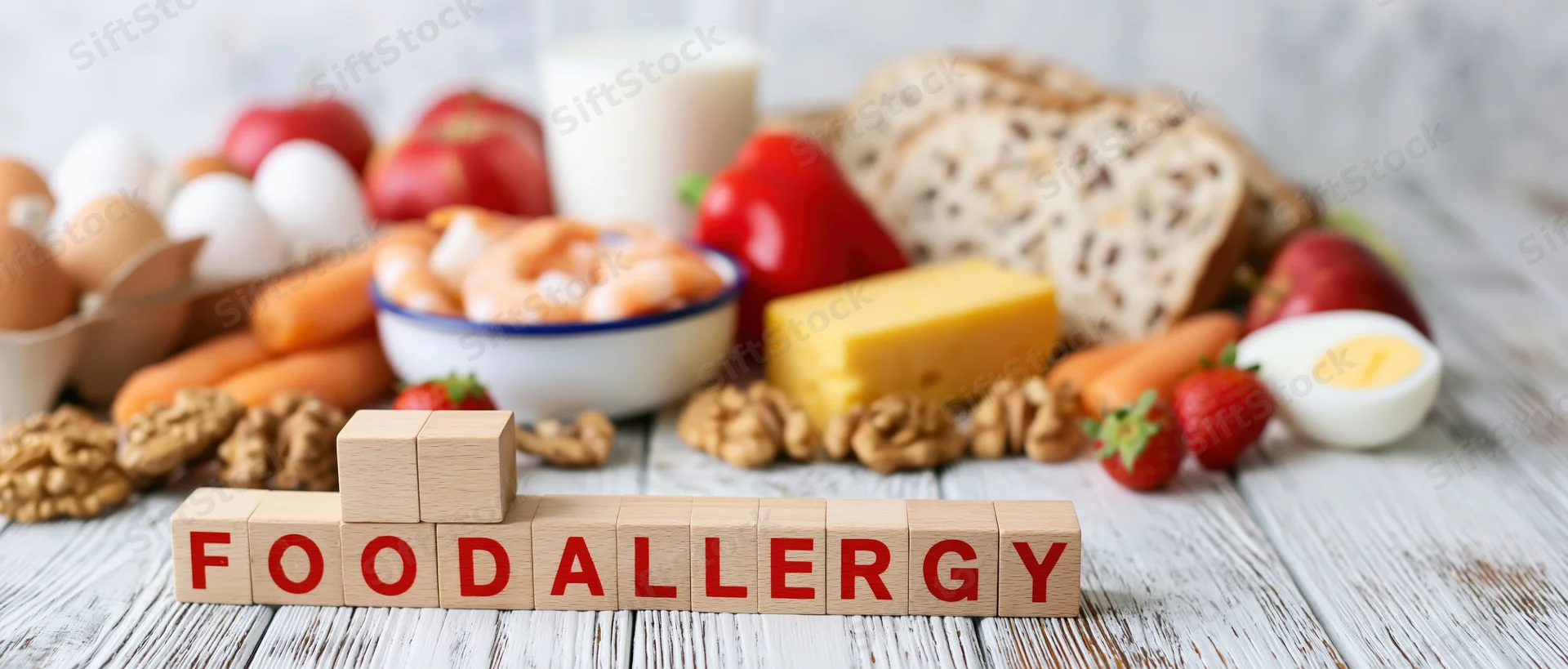 Wooden blocks spelling food allergy arranged on a rustic white table surrounded by common allergenic foods