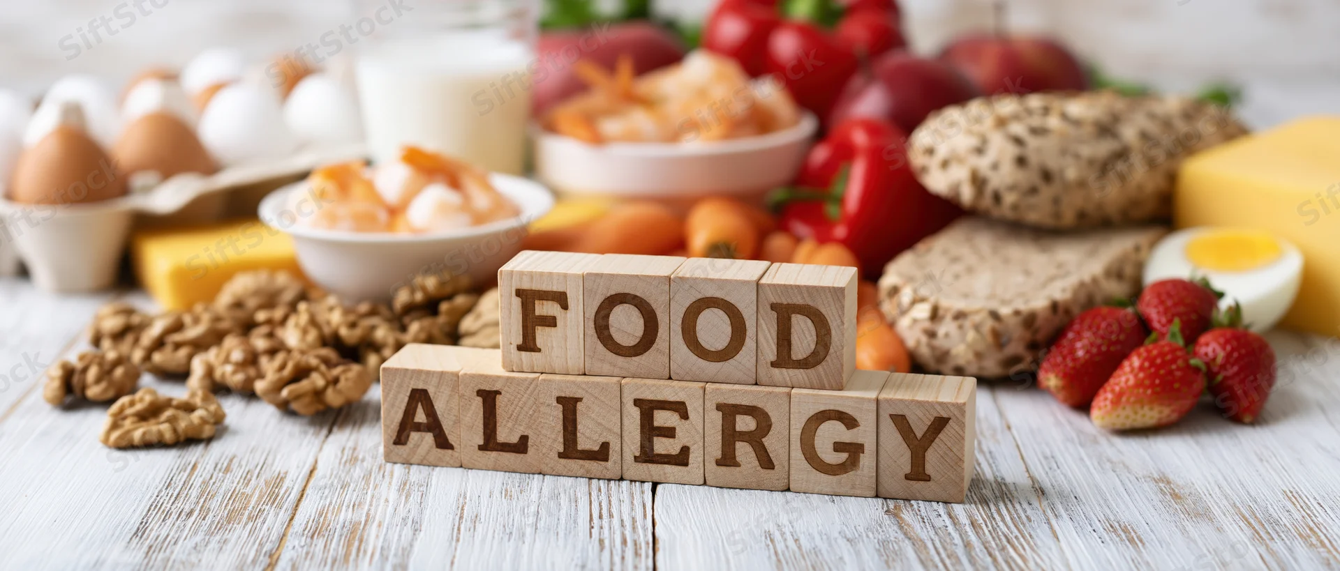 Wooden blocks spelling food allergy arranged on a rustic white wooden table surrounded by common allergenic foods