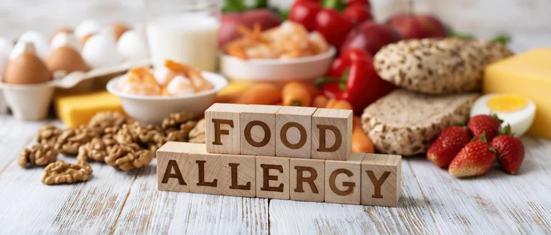 Wooden blocks spelling food allergy arranged on a rustic white wooden table surrounded by common allergenic foods