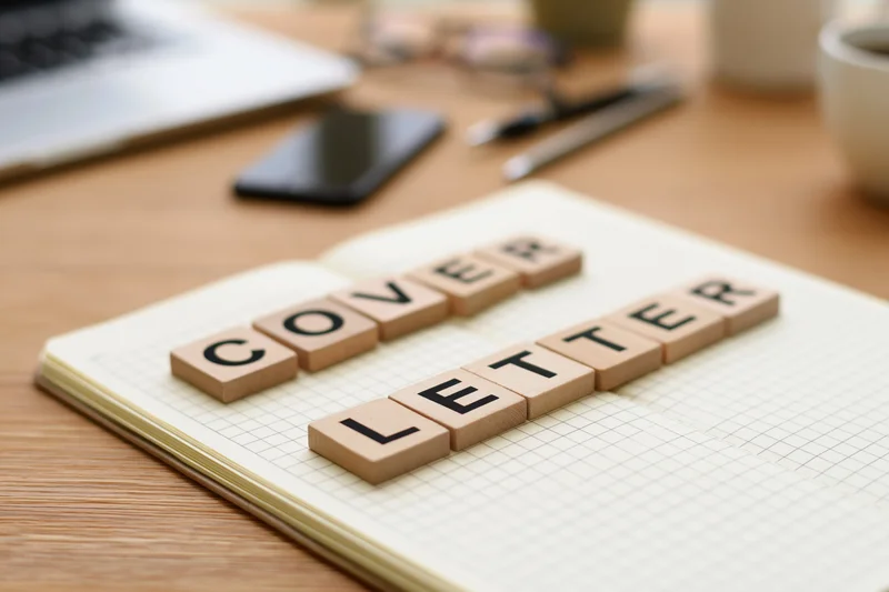 Wooden letter tiles spelling cover letter on open notebook grid paper on desk