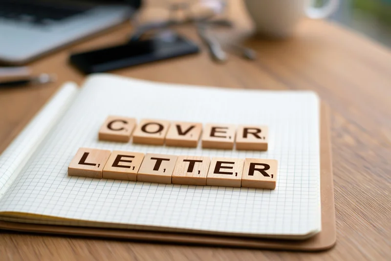 Wooden letter tiles spelling cover letter on an open notebook on a desk