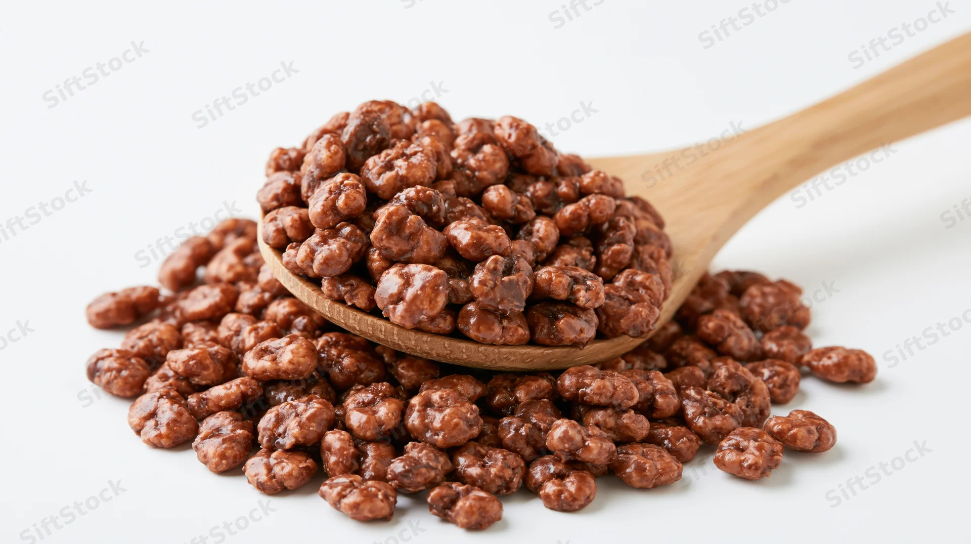Wooden spoon heaped with chocolate-glazed puffed cereal on white background