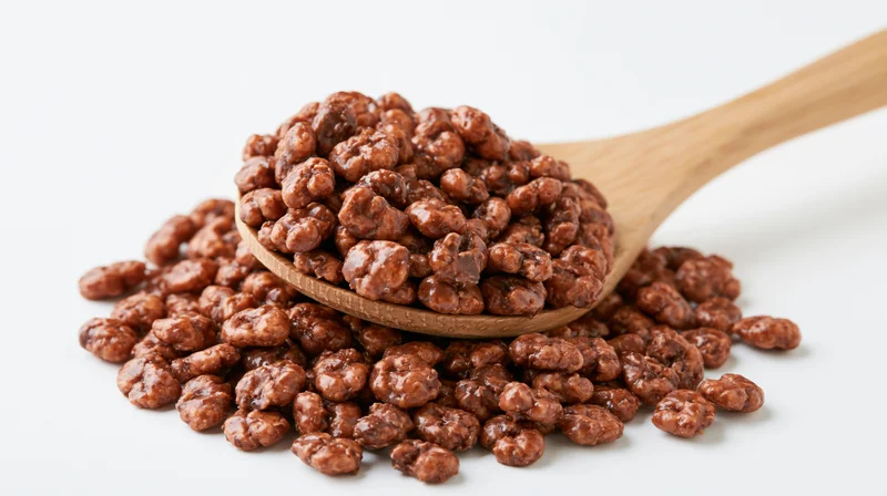 Wooden spoon heaped with chocolate-glazed puffed cereal on white background