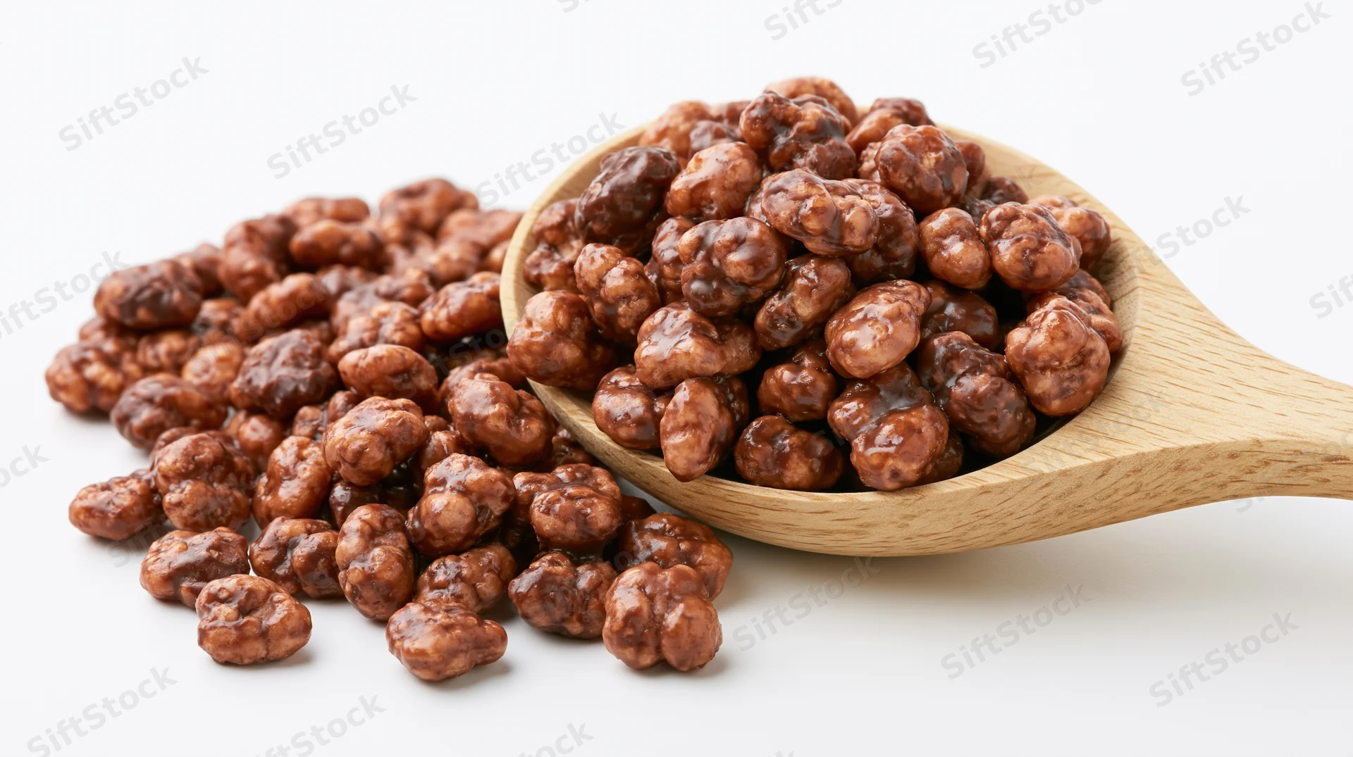 Chocolate-glazed puffed cereal in a wooden spoon on white background