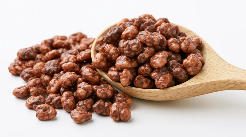Chocolate-glazed puffed cereal in a wooden spoon on white background