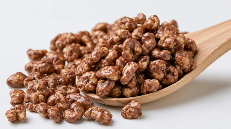 Chocolate-glazed puffed cereal spilling from a wooden spoon on white background