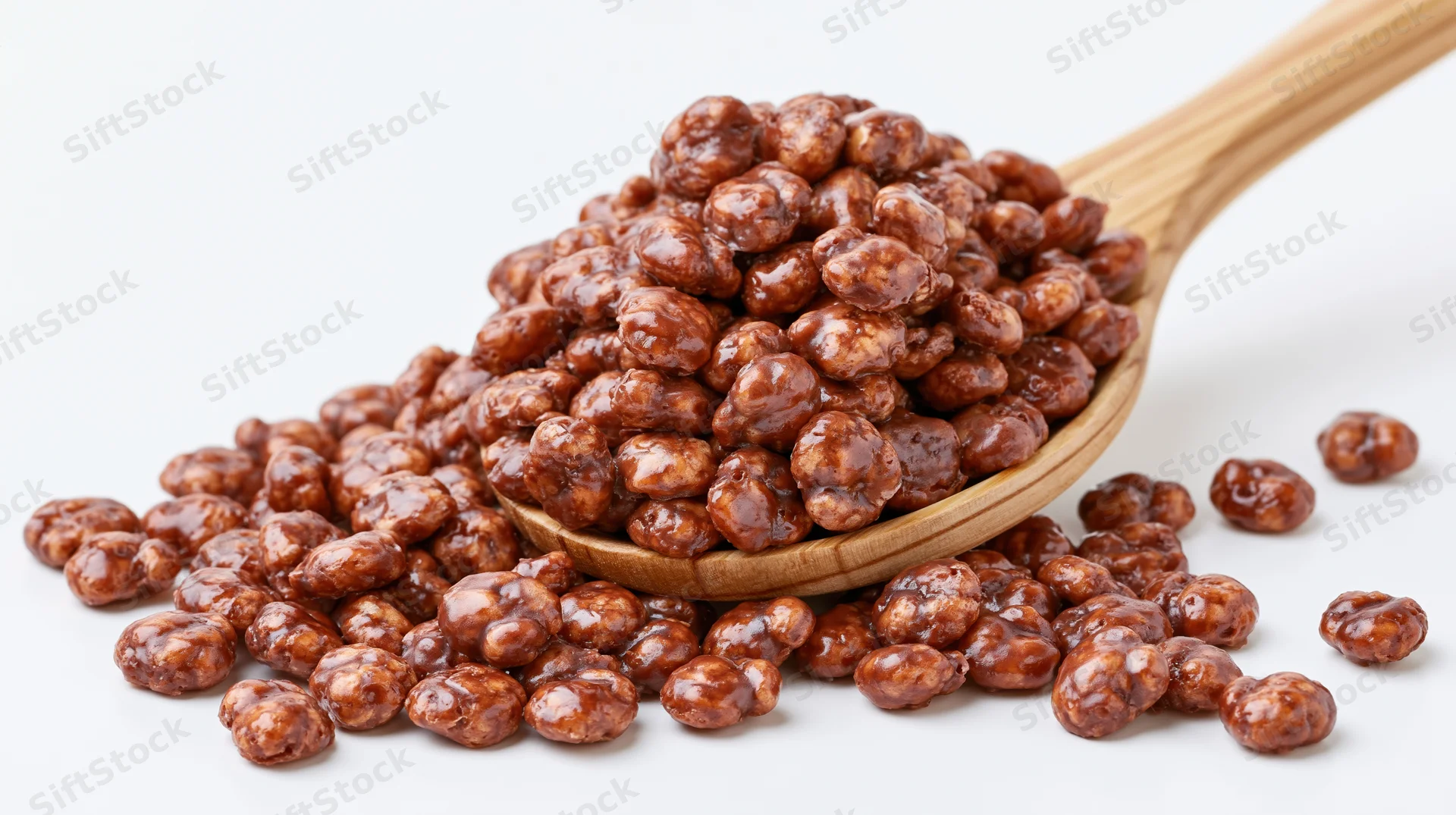 Wooden spoon heaped with chocolate-glazed puffed cereal on white background