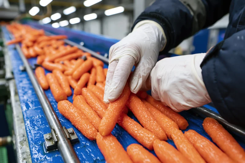 Worker sorting wet washed carrots on conveyor belt in food processing factory