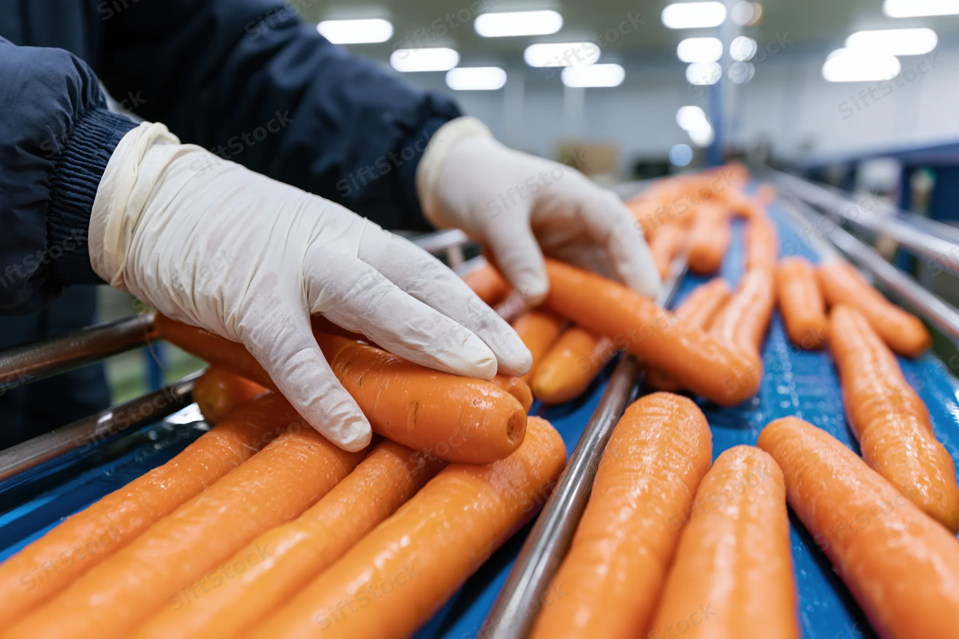 Worker sorting wet washed carrots on conveyor belt in food processing factory