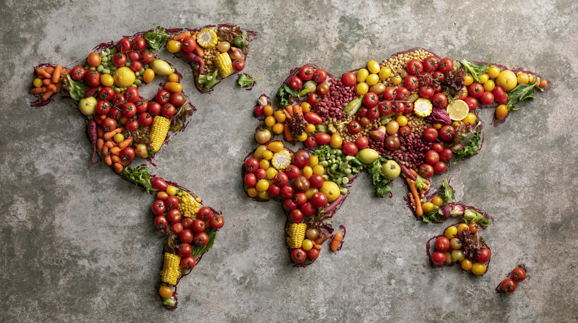 World map made from fruits and vegetables arranged on a gray concrete surface