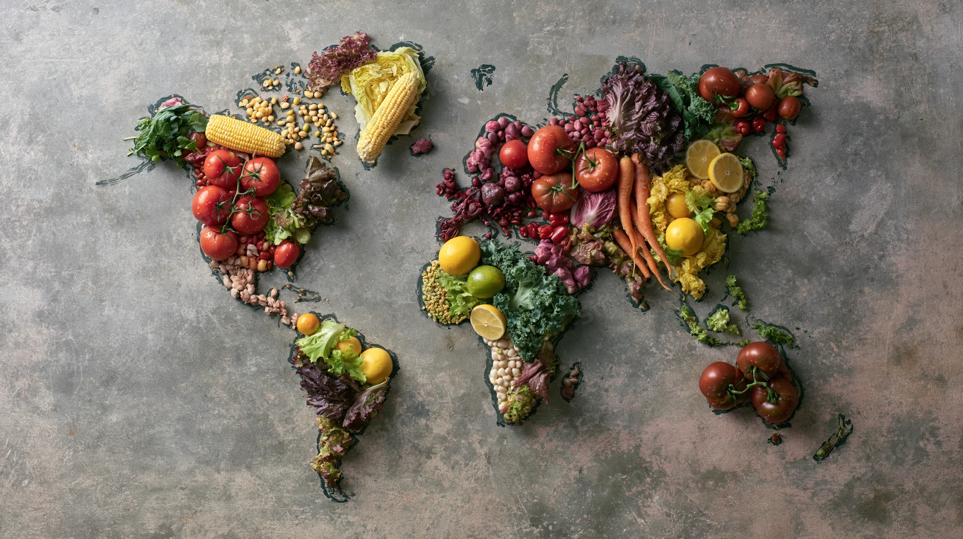 World map made from fresh vegetables and fruits arranged on a gray textured surface