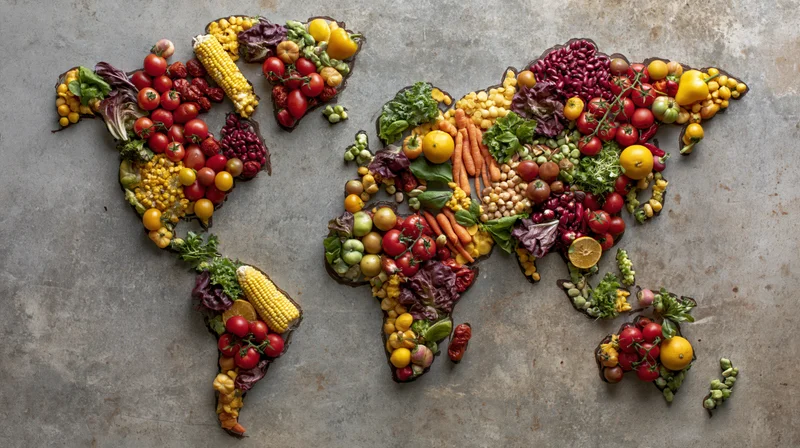 World map made from fresh vegetables and fruits arranged on gray concrete surface