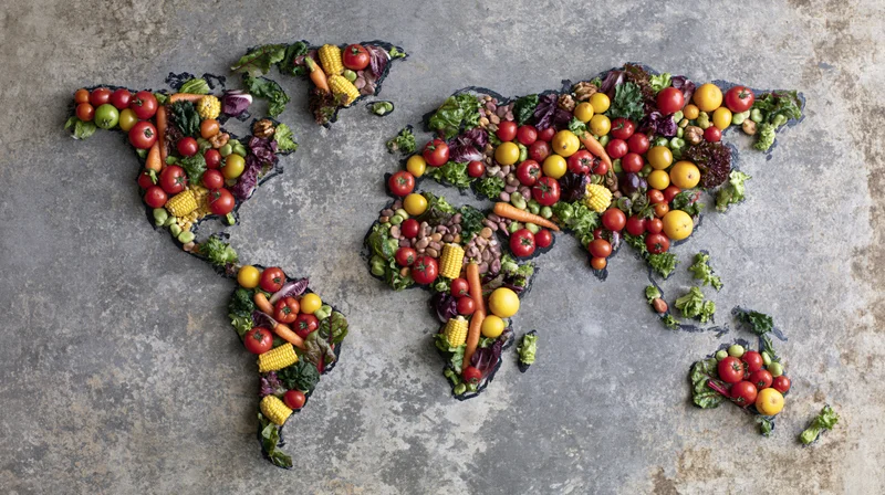 World map made from fresh vegetables and fruits arranged on a gray concrete surface