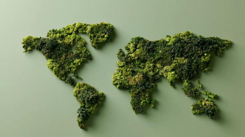 World map shaped from dense green moss on a plain surface