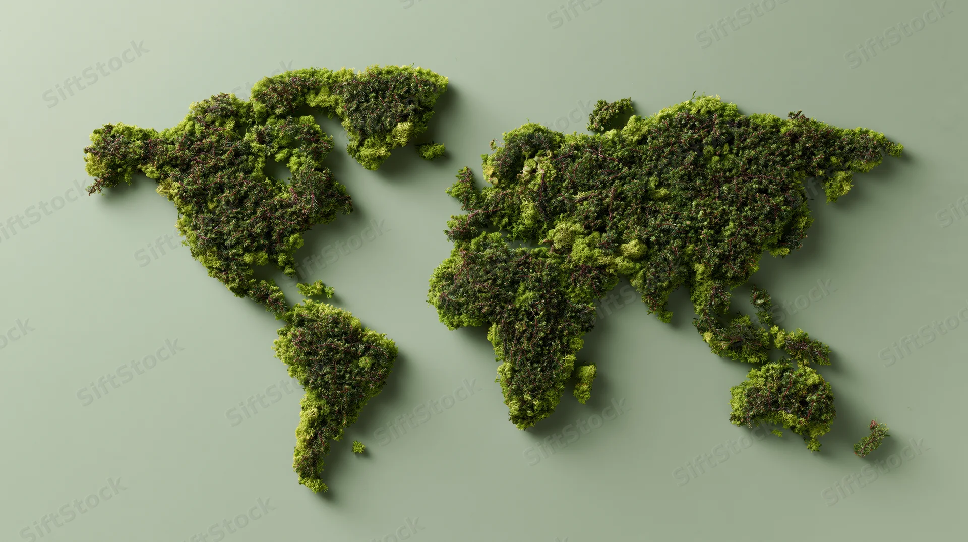 World map shaped from dense green moss on a plain surface