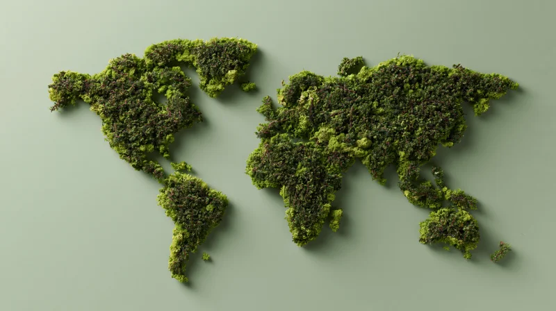World map shaped from dense green moss on a plain surface