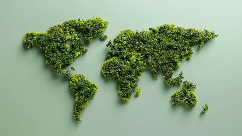 World map shaped from dense green moss on a pale green surface